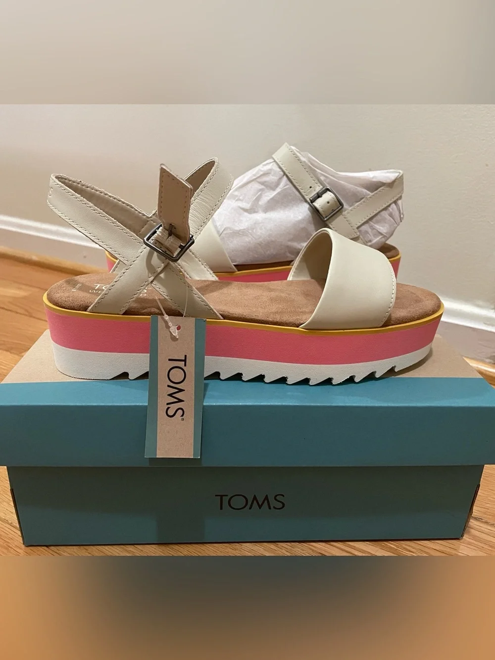 Toms White Leather Ankle-Strap Platform Sandal with Pink and Yellow Trim - New!